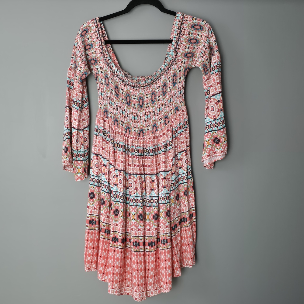 Torrid Mosaic Print Smocked Bell Sleeve Dress. Size 0